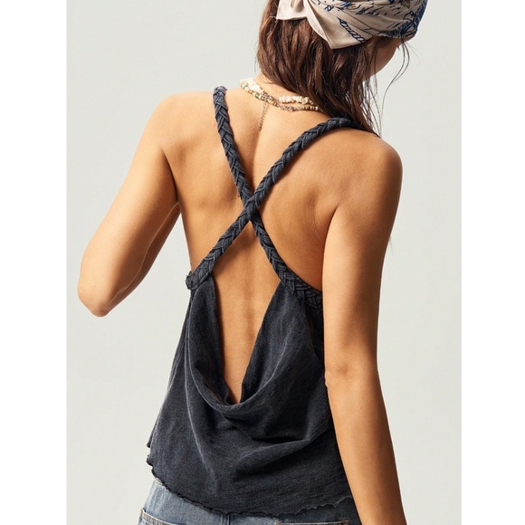 Cotton Backless Draped Tank Top in Grey Braided Criss Cross Straps - Picture 9 of 12